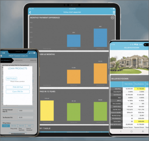 Two mobile devices and a tablet showing graphs, charts, a photo of a house